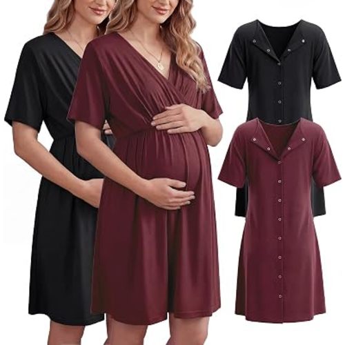 Cutecrop 2 Pack Labor and Delivery Gown for Hospital Maternity Nursing Short Sleeve Gown Button Back Birth Recovery Sleepwear