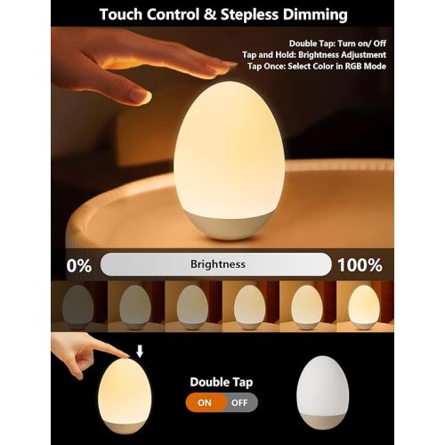 Egg Night Light for Nursery: Baby Night Lights Tap Lamp Stepless Dimming with Warm White and 7 RGB Colors Rechargeable Portable for Infant and Kids Bedroom Breastfeeding Sleep Aid