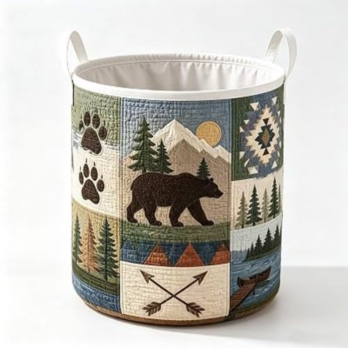 Forest Bear Quilted Laundry Hamper Woodland Storage Basket for Nursery