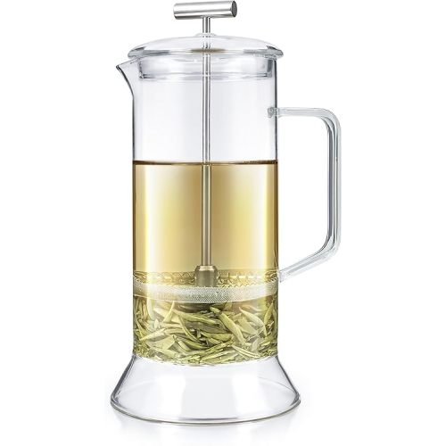 Teabloom Toulouse Plastic-Free and Lead-Free Borosilicate Glass French Press for Tea and Coffee, 24-Ounce (700 mL) - Ice Clear