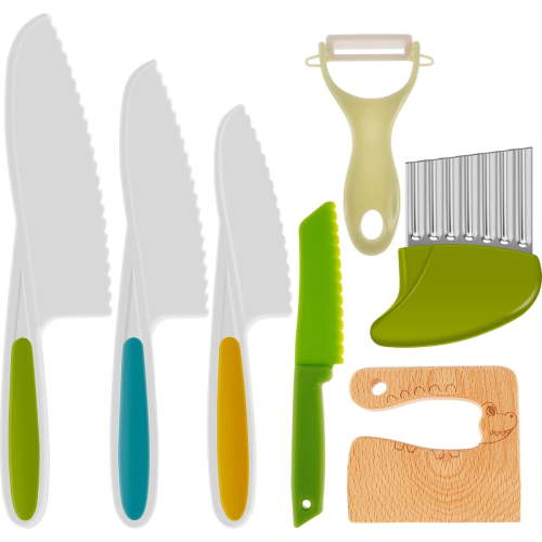 Jetcloudlive 7Pcs Kids Kitchen Knife Set, Includes Wooden Cutter, Serrated Plastic Knives, Potato Crinkle Cutter, Peeler