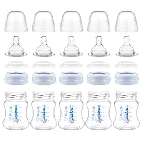 Maymom Wide-Mouth Milk Storage Feeding Collection Bottle with Nipple, Dome Cap, Bottle Top, SureSeal Sealing Disk; Compatible with Spectra Pump/Motif Luna; 5 pc (4.7Oz/140mL)