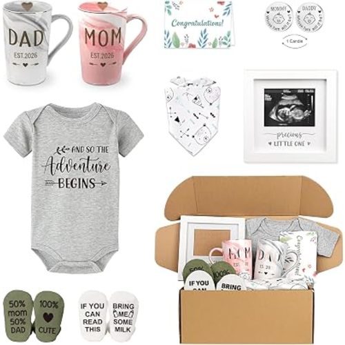New Parents Gift Set Est 2026 Pregnancy Announcement Gifts for Couples-First Time New Mom Basket for Baby Shower Gender Reveal-Mom & Dad Mugs, Decision Coin, Baby Ultrasound Frame, Onesie, Bib, Socks