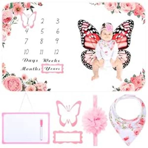 6 Pcs Baby Monthly Milestone Blanket for Girl 60" x 40" Butterfly Milestone Blanket Age Photo Photography Backdrop with Newborn Calendar Growth Chart Bib Headband(Pink,Floral Pattern)