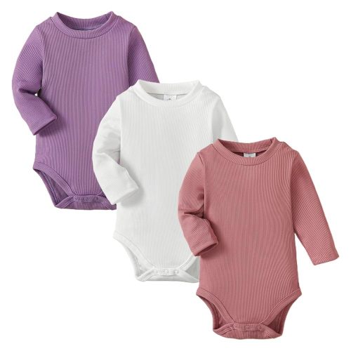 OPAWO Long Sleeve Onsies for Baby Girls' Bodysuits Newborn 3 Pack Infant Ribbed Fall Baby Girl Romper Undershirt