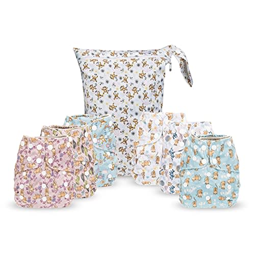 Simple Being Reusable Cloth Diapers, Double Gusset, One Size Adjustable, Washable Soft Absorbent, Waterproof Cover, Eco-Friendly Unisex Baby Girl Boy, six 4-Layers Microfiber Inserts (Monkey)