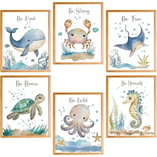 Ocean Nursery Decor,Ocean Nursery Wall Art Set of 6, Under the Sea Nursery Wall Decor Poster Prints for Toddler Kids Boy Girl Room Classroom Bathroom Decor Playroom,8x10 Inches