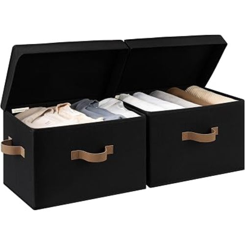 StorageWorks Fabric Storage Bins with Lid, Decorative Storage Boxes for Shelves, Stackable Closet Organizer Basket with Handles, Large, Black, 2-Pack