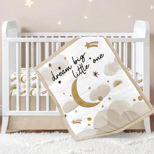 Hahafelt 3 Pcs Moon Star Baby Crib Bedding Set for Boy Girl | Includes Dream Big Little One Comforter, Fitted Sheet, Skirt, Soft Brown Nursery Bedding for Standard Infant Bed