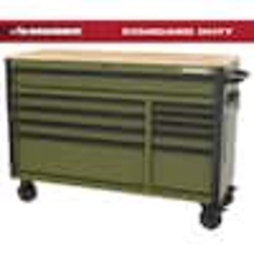Husky Standard-Duty 52 in. W 10-Drawer Matte Army Green Mobile Workbench Cabinet with Solid Wood Top H52MWC10ARMY