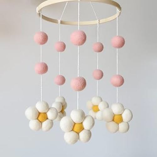 Daisy Mobile for Crib Boho Baby Crib Mobile for Girls Pink Felt Flower Baby Mobile for Crib
