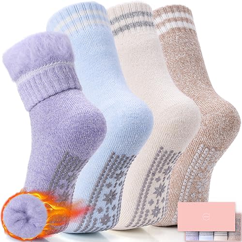 HUGSWEET Thermal Slipper Socks, Anti Slip Hospital Socks Women Winter Soft Warm Cozy Fluffy Plush Grip Socks 4 Pairs
