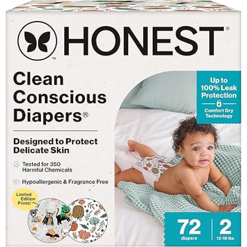 The Honest Company Clean Conscious Diapers for Delicate Skin | Up to 100% Leakproof | Hypoallergenic, Fragrance Free | Fall '25 Limited Edition Prints | Club Box, Size 2 (12-18 lbs), 72 Count