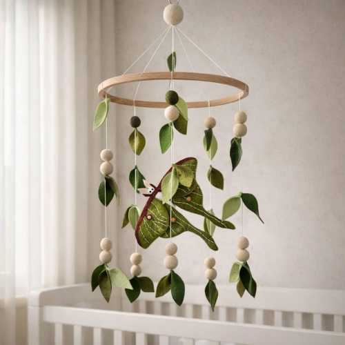 Felt Luna Moth Baby Mobile, Greenery Woodland Nursery Decor