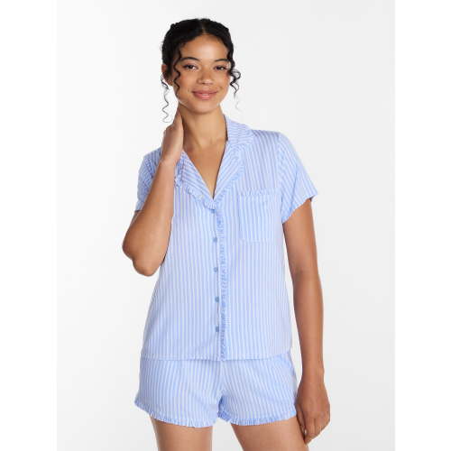 Joyspun Women’s Modal-Blend Ruffle Trim Notch Collar Top and Shorts Pajama Set, 2 Piece, Sizes XS-3X