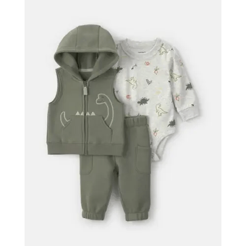 Baby Boy 3-Piece Dinosaur Fleece Long-Sleeve Hooded Layering Set - Green/Grey | Carter's
