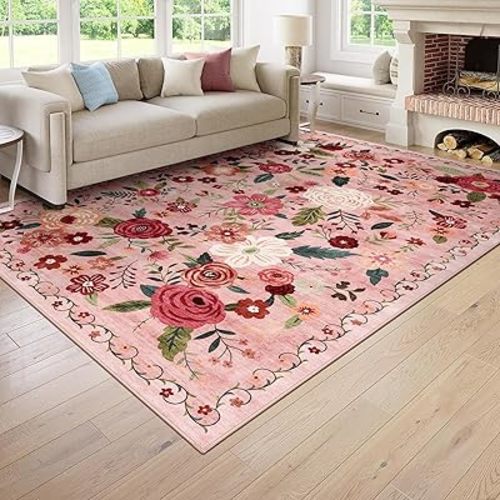6x9 Washable Area Rug for Living Room, Floral Non-Slip Non-Shedding & Easy Care, Soft Low Pile Vintage Indoor Floor Carpet for Living Room, Bedroom, Farmhouse, Dining Room, Kids Playroom, Pink