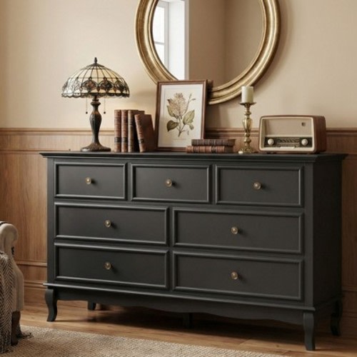 Heynemo 7 Drawer Dresser with Solid Wood Legs, Black