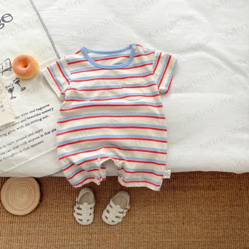 Baby White Striped Pocket Romper