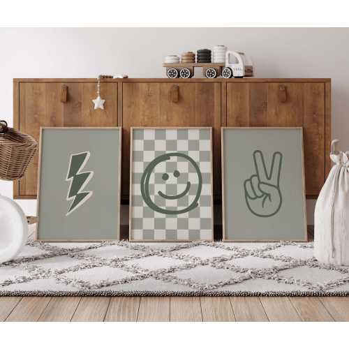 Rad Little Dude Prints Set: Checkered, Lightning Bolt, Peace Sign - Boys Nursery Decor
