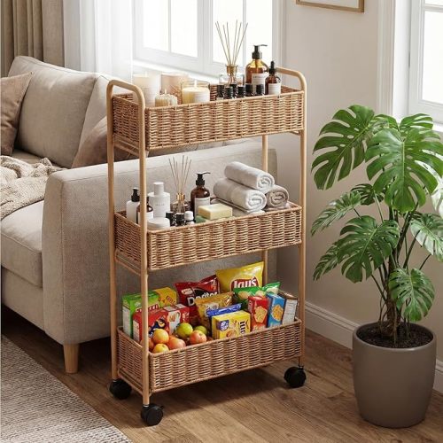 Utility Slim Storage Cart,3-Tier Rolling Kitchen Office Laundry Room Cart,Mobile Shelving Unit Organizer for Living Room Bathroom Baby Diaper Narrow Places (Natural, 3 Tiers-7.1 inch (W))