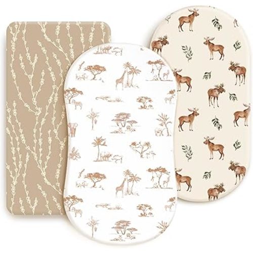 GRSSDER Stretchy Ultra Soft Fitted Bassinet Sheets 3 Pack Free Animals Stylish Print