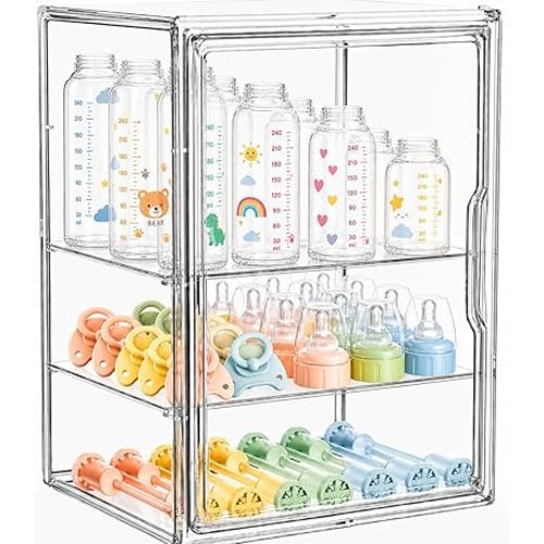 Baby Bottle Storage Organizer for Countertop, Large Clear Bottle Organizer, Baby Bottle Storage Organizer for Bottles, Nipples, Pump Parts, Cabinet, Kitchen Pantry