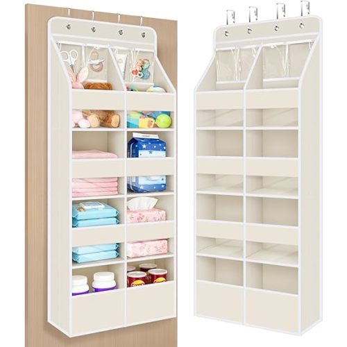 Univivi 5-Shelf Fabric Baby Door Storage Over Door Hanging Organizer with 8 Deep Pockets and 4 Small PVC Pockets Wall Mount Hanging Storage Organizers for Baby Essential (Beige)