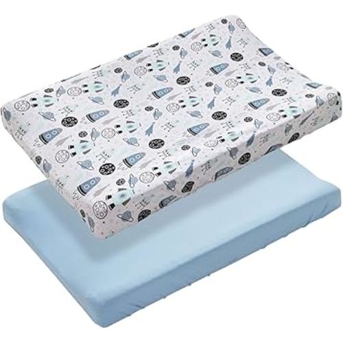 LITTLE TOTS BABY Pack of 2 Changing Pad Cover, 100% Cotton Breathable Changing Table Cover, Ultra Soft Diaper Changing Pad Covers Sheets for Newborns Infant Babies Girls Boys (Blue and Planets)