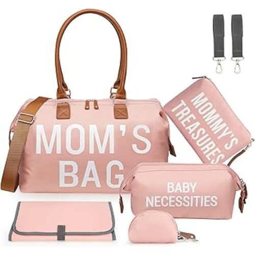 printe Large Diaper Bag Tote with Changing Pad, 2 Organized Pouches, Mom's Bag for Hospital with Pacifier Case, Straps, Stroller Hook, Hospital Weekender Travel Pink Baby Diaper Tote Bag