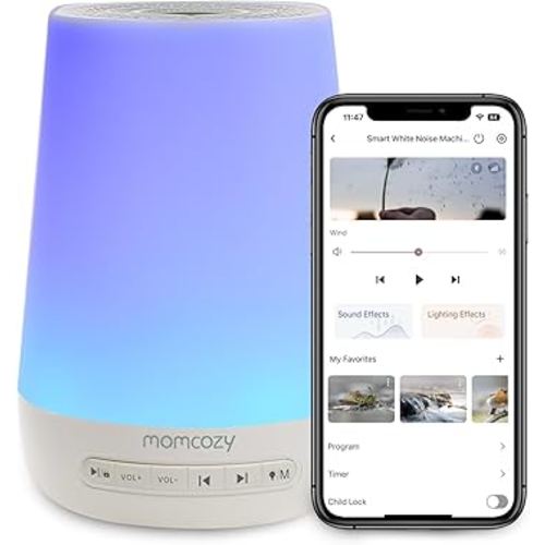 Baby Sound Machine, Momcozy White Noise Machine for Baby Sleeping with Night Light, Toddler Sleep Trainer 34 Soothing Sleep Sounds, Timer, App Remote Control, Personal Sleep Routine Alarm Clock(Blue)