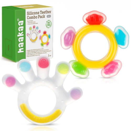 Haakaa Silicone Teether Combo - Baby Freezer Teething Toy - Soft Cold Teether - Soothe Teething Pain & Itching Gums - Perfect Size - Palm & Ferris Wheel Shape for 3M+ Babies BPA Free - 2 pk