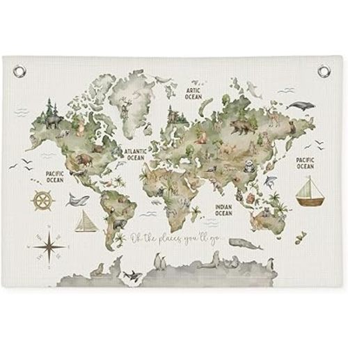 Wheatwin World Map Wall Art Banner for Kids 20x30, World Maps for Wall, World Map Cute Animal Educational Tapestry Wall Hanging Canvas Wall Decor Banner Flag Decor for Kids Room Playroom Classroom - Green