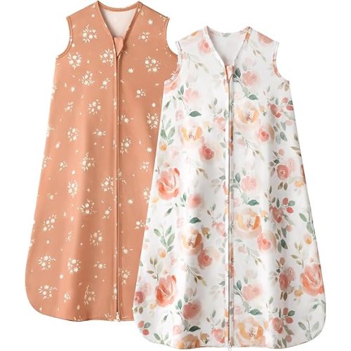 Baby Sleep Sack 6-12 Months, 0.5 TOG Wearable Blanket for Baby Boy and Girl, 2-Way Zipper Newborn and Infant Sleeping Bag 2 Pack, Lightweight Sleep Sacks Orange Flower（Medium）