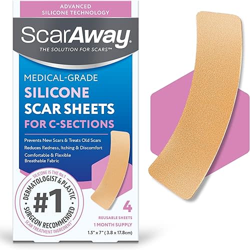 ScarAway Advanced Silicone Scar Sheets for C-Section, Reusable Strips (1.5” x 7”) for Hypertrophic and Keloid Scars from C-Section & Other Surgeries, 4 Sheets