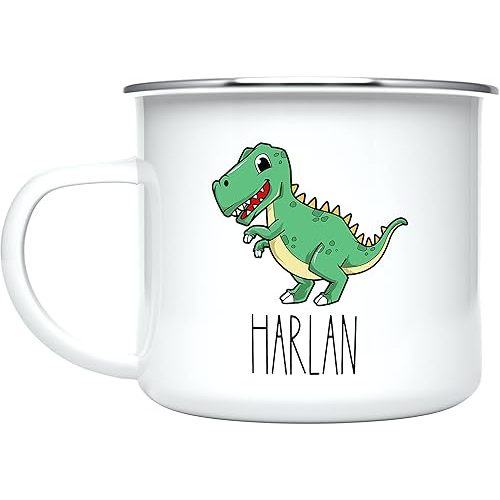 Personalized Mug for Kids & Boys | Customized Hot Chocolate, Cocoa, Coffee, Milk Cup | Custom Name Birthday Gift Party Favors | 11 Oz Unbreakable Stainless Steel Enamel Camping Mug | Dinosaur