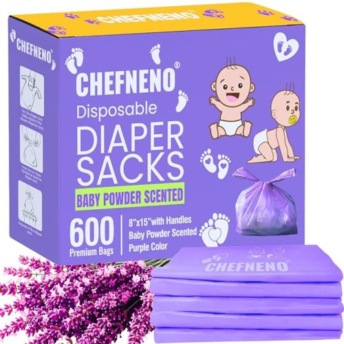 Baby Disposable Diaper Sacks (600 ct.) Fresh Baby Powder Scented, Easy-To-Tie Tabs, Diaper Disposal Bulk Diaper Sacks Dog Poop Bags Cat Litter Waste Bags Sanitary Pads Disposal Bags (600 Bags, Purple)