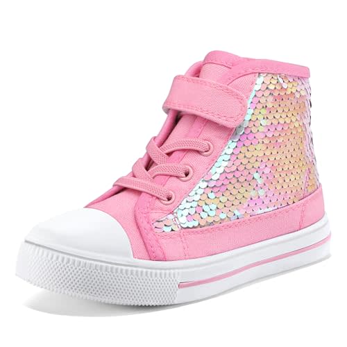 K KomForme Toddler Sneakers Girls Canvas High Top Walking Shoes with Hook and Loops