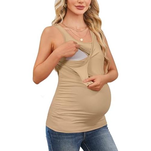 OUGES 2025 Womens Maternity Nursing Tank Tops Summer Scoop Neck Ruched Side Sleeveless Maternity Shirts Pregnancy Clothes
