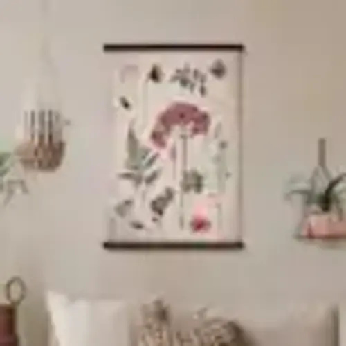 Spindle Tapestry Floral Wall Art-Pink, Yellow and Blue Botanical Hanging by Heather Myers-Vintage Floral Home Decor
