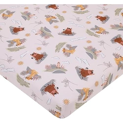 Disney Lion King Ivory, Sage, Gold, and Brown, Simba, Timon, and Pumba Super Soft Nursery Fitted Mini Crib Sheet