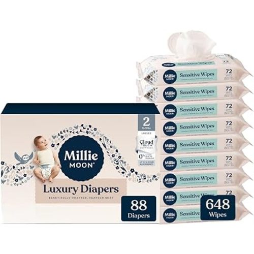 Millie Diapers Size 2, 88 Count & Sensitive Baby Wipes, 648 Count