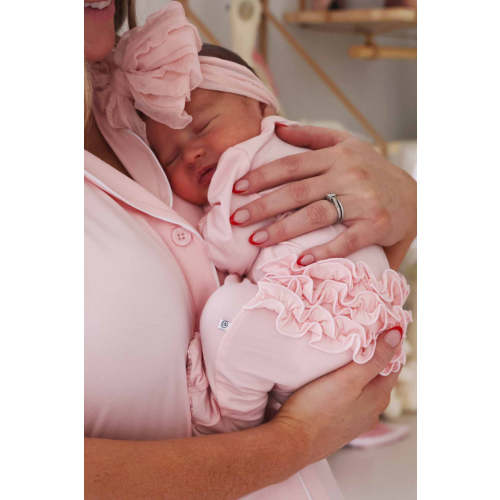 Baby Pink Bamboo Ruffle Zipper Footie