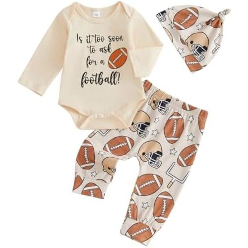 GOOCHEER Fall Baby Boy Clothes Football Outfit Letter Printed Long Sleeve Romper Shirt Tops and Pants Hat 3PCS Set
