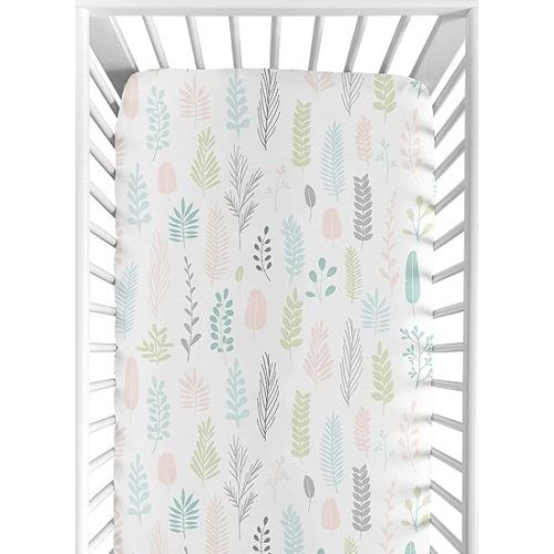 Sweet Jojo Designs Pink and Grey Tropical Leaf Girl Baby or Toddler Nursery Fitted Crib Sheet - Blush, Turquoise, Gray and Green Botanical Rainforest Jungle Sloth Collection