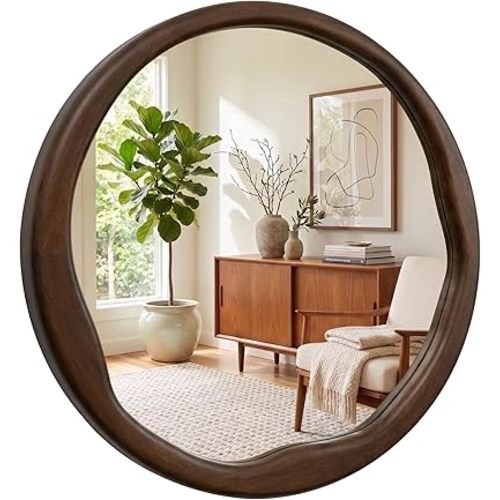 Round Dark Wood Mirror 30 Inch, Large Solid Wood Framed Wall Mirror with Asymmetrical Wavy Inner Edge for Living Room, Fireplace & Dining Room Decor