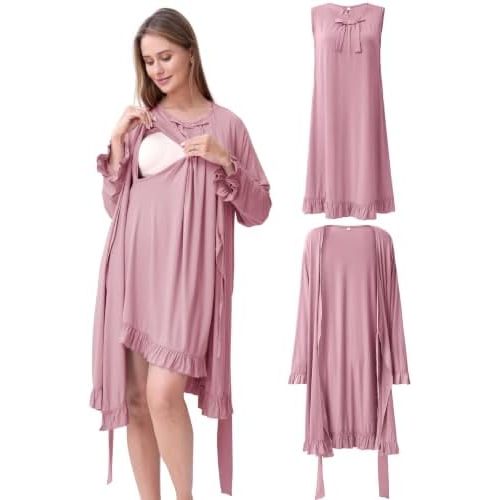 Ruffle Maternity Nursing Gown & Robe Set for Hospital Loungewear