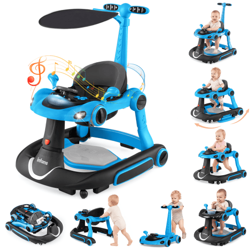 INFANS 6-in-1 Baby Walker, Converts Push Car to Bouncer, Rocker with Music, Lights, Adjustable Height & Speed, Activity Center, Canopy for 7-18 Months