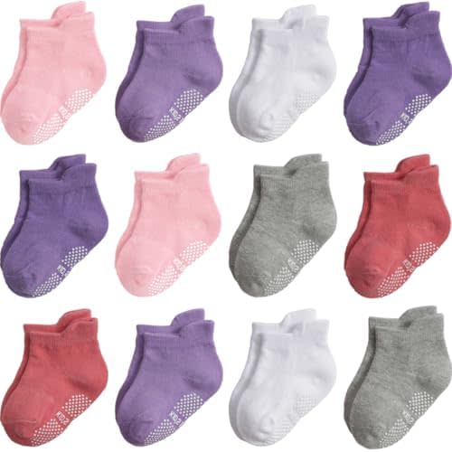 Non Slip Grip Ankle Baby Socks 12 Pack for Toddler Boys and Girls Kids,Infant Cute Cotton Baby Socks