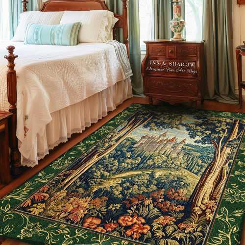 Fairytale Aesthetic Castle Rug | Fairycore Area Rug Folklore Inspired Magical Woodland Bedroom Decor Whimsigothic Mat Ethereal Botanical |